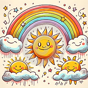 Hand drawing of sun rainbow and clouds