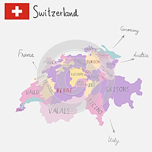 Hand drawing Switzerlamd maps with hand lettering.illustration.