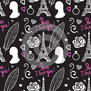 Hand drawing symbols of a written novel. Seamless pattern. Vector background blog diary writer about romance