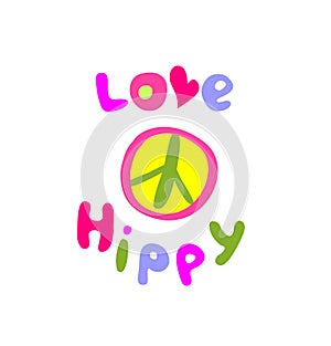 Hand drawing t shirt print with love hippie lettering, peace symbol and heart on white background