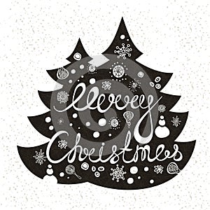 Hand drawing text for Merry Christmas. Christmas decorations, snow, fir-tree.
