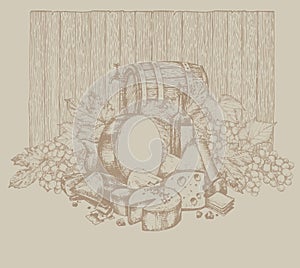 Hand drawing on the theme of WINE. Bottle and barrel of wine, cheese and bunches of grapes