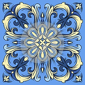 Hand drawing tile pattern in blue and yellow colors. Italian majolica style.