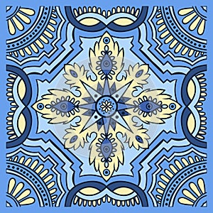 Hand drawing tile pattern in blue and yellow colors. Italian majolica style.