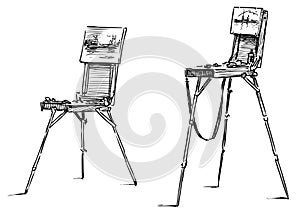 Hand drawing of two artistic easels, vector illustration isolated on white