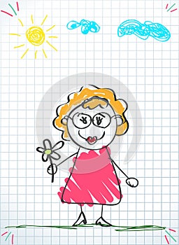 Hand drawing vector illustration of old woman in glasses and pink dress holding flower