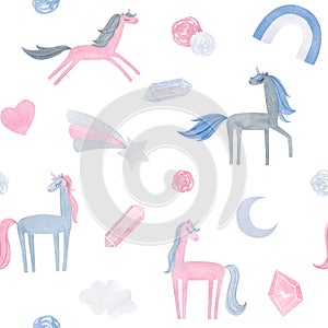 Hand drawing watercolor children's pattern with cute unicorn, flowers , diamonds