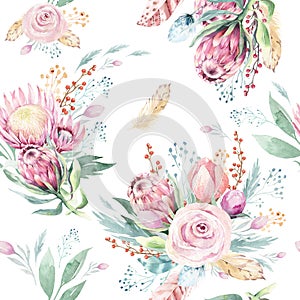 Hand drawing watercolor floral pattern with protea rose, leaves, branches and flowers. Bohemian seamless gold pink
