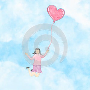 Hand drawing watercolor painting of lady flying with pink hearts balloon on blue sky.