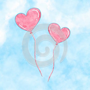 Hand drawing watercolor painting of two pink hearts balloon flying on blue sky.
