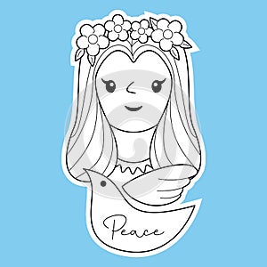 Hand drawing woman pray for peace with bird sign and wreath on top of head vector illustration