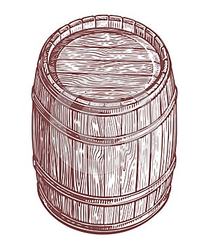 Hand drawing wood barrel in white background. Cask keg sketch vintage vector illustration