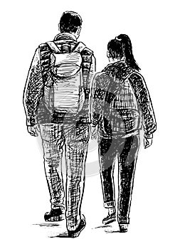 Hand drawing of young tourists couple walking outdoors together