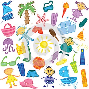 Hand Drawings of Summer Symbols with Children. Doodle Boats, Ice cream, Palms, Hat, Umbrella, Jellyfish, Cocktail, Sun and Kids.