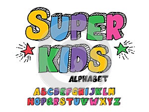 Hand-drawn 3D font. uppercase letters with colors. alphabet for childrens themes