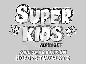 Hand-drawn 3D font. uppercase letters. the doodle alphabet for childrens themes