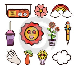 Hand drawn 90\'s Retro groovy element Clipart collection set.