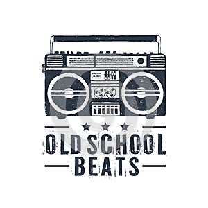 Hand drawn 90s themed badge with boombox player vector illustration.