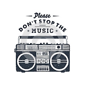 Hand drawn 90s themed badge with boombox player vector illustration.