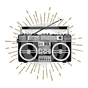 Hand drawn 90s themed badge with boombox player vector illustration