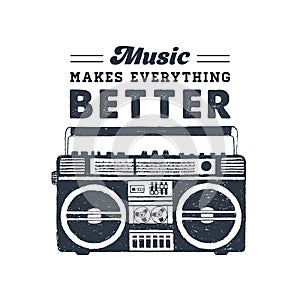 Hand drawn 90s themed badge with boombox player vector illustration