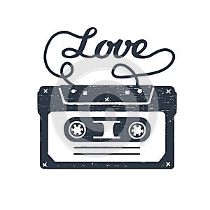 Hand drawn 90s themed badge with cassette tape vector illustration.