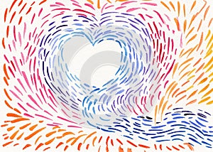 Hand drawn abstract background about love, sympathy, miracles. Watercolor brush strokes create a heart shape, bright colorful