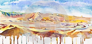 Hand drawn abstract background. Watercolor desert and sky illustration