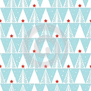 Hand drawn abstract Christmas trees, snow, triangles vector seamless pattern background. Winter Holiday Scandinavian