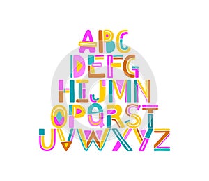 Hand drawn abstract colorful alphabet. Geometric letters from A to Z. Isolated on white background. Vector colorful
