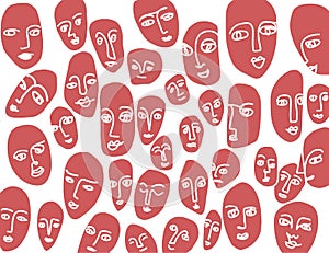 Hand-drawn abstract faces. Black lines form a pattern of human emotions. Creative vector concept about psychology