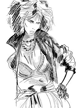 Hand-drawn abstract fashion illustration of an imaginary female model, with the trendy rock star outfit