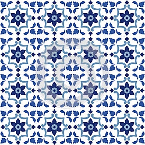Hand drawn abstract floral seamless pattern. Poruguese Azulejo tile design. Print vector for rug, carpet, shawl. Decor photo