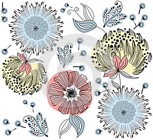 Hand drawn abstract flowers repeat pattern