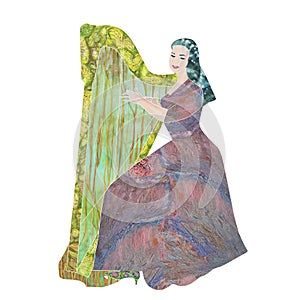 Hand drawn abstract harpist plucking strings isolated