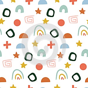 Hand drawn Abstract pattern for kids. Seamless drawn pattern with colorful dots, spots, shapes, lines, squares. Abstract