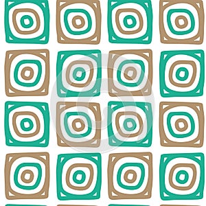 Hand drawn abstract patterned turquoise and beige squares on white background.