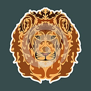 Hand drawn abstract portrait of a lion. Sticker. Vector stylized colorful illustration isolated on dark background