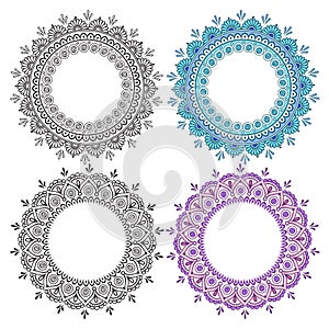 Hand drawn abstract round design elements set. Decorative Indian round lace ornate mandala. Frame or plate design