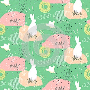 Hand drawn abstract seamless pattern with rabbits