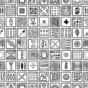 Hand drawn abstract seamless pattern of squares with different drawings in doodle style.