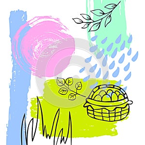 Hand drawn abstract spring easter paint brush art stroke textured and outlined collage card background with grass egg basket