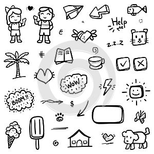 Hand drawn abstract thin line doodle set of objects, in Vector