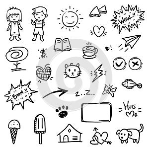 Hand drawn abstract thin line doodle set of objects