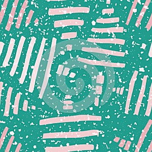 Hand drawn abstract trees in hues of pink with snow texture. Seamless vector pattern on teal background. Great for