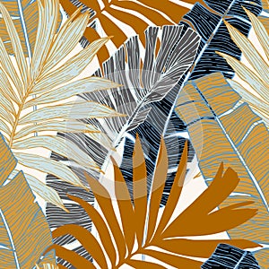 Hand drawn abstract tropical summer background : palm tree and banana leaves in silhouette, line art