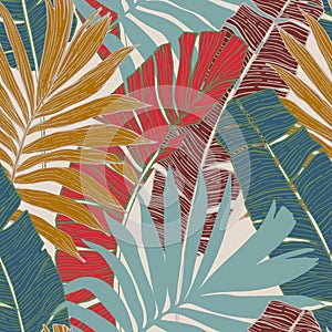 Hand drawn abstract tropical summer background : palm tree and banana leaves in silhouette, line art