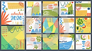 Hand drawn abstract vector 2020 calendar template multicolored.