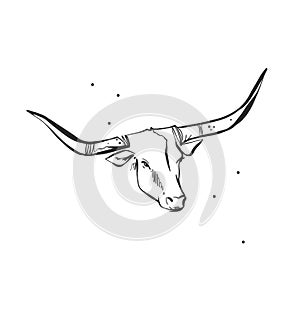 Hand drawn abstract vector graphic clipart illustration boho bull head with horns logo element.Western design concept