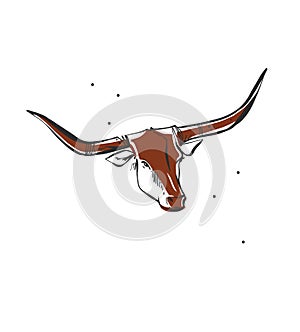 Hand drawn abstract vector graphic clipart illustration boho bull head with horns logo element.Western design concept